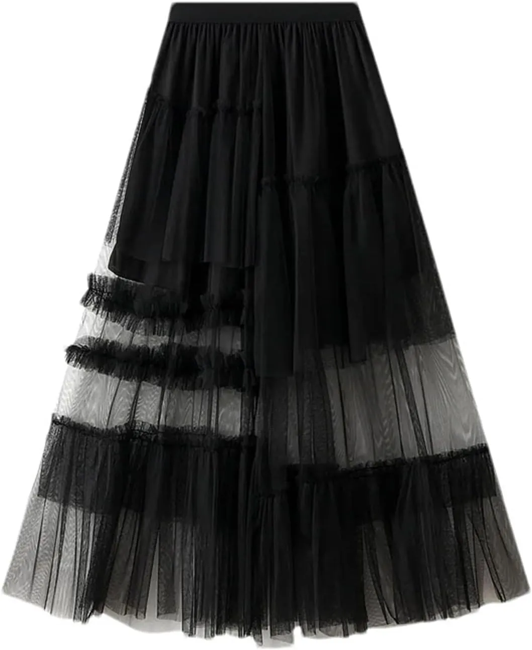 Vintage Women's Tulle Midi Skirt Casual Elastic High Waist Layered Pleate Mesh A-Line Skirts