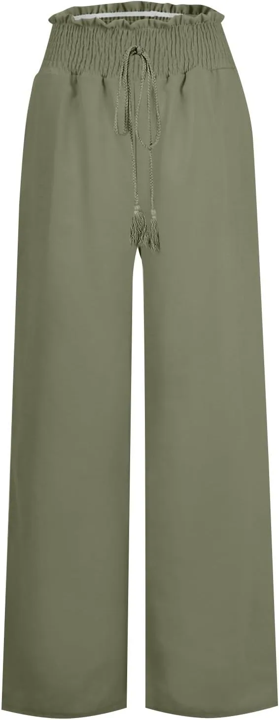 Women Cotton Linen Summer Casual Loose Palazzo Lounge Pants Elastic Waisted Stretchy Slim Fit Pant Trousers