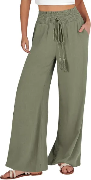 Women Cotton Linen Summer Casual Loose Palazzo Lounge Pants Elastic Waisted Stretchy Slim Fit Pant Trousers