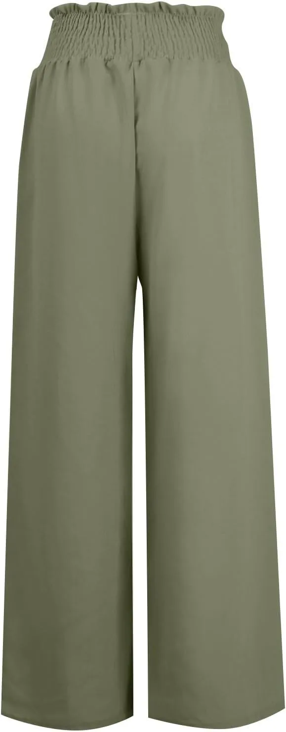 Women Cotton Linen Summer Casual Loose Palazzo Lounge Pants Elastic Waisted Stretchy Slim Fit Pant Trousers