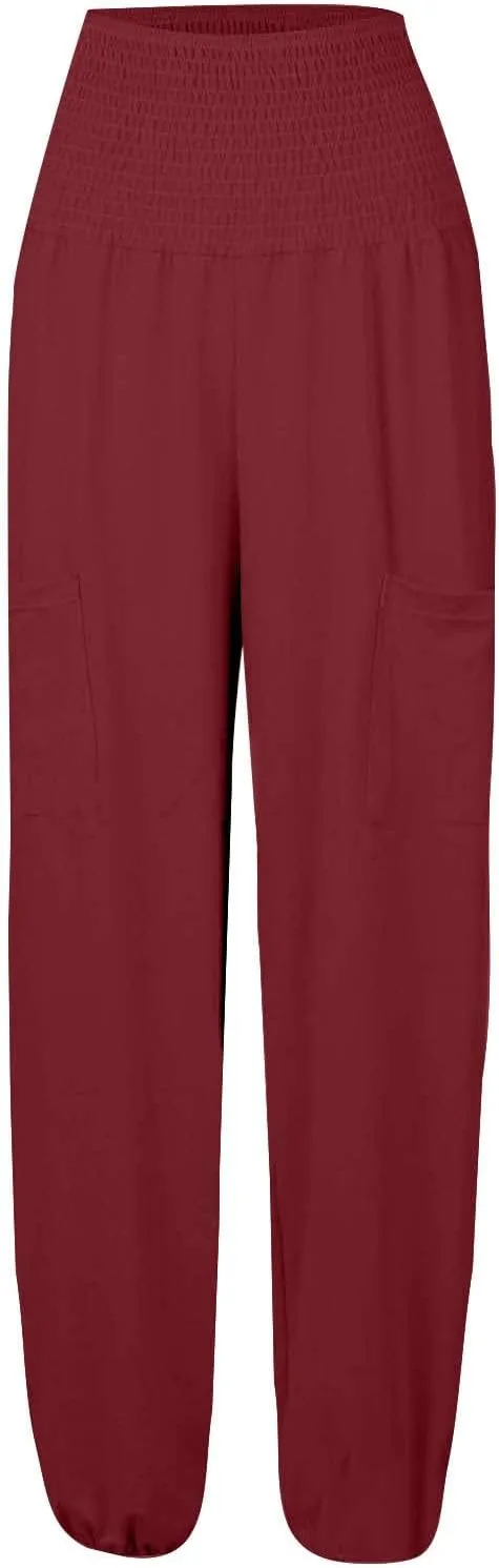 Women Cotton Linen Summer Tie Knot Palazzo Pants Elastic Waist Lounge Pants Plus Size Pants Office
