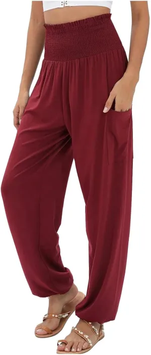 Women Cotton Linen Summer Tie Knot Palazzo Pants Elastic Waist Lounge Pants Plus Size Pants Office