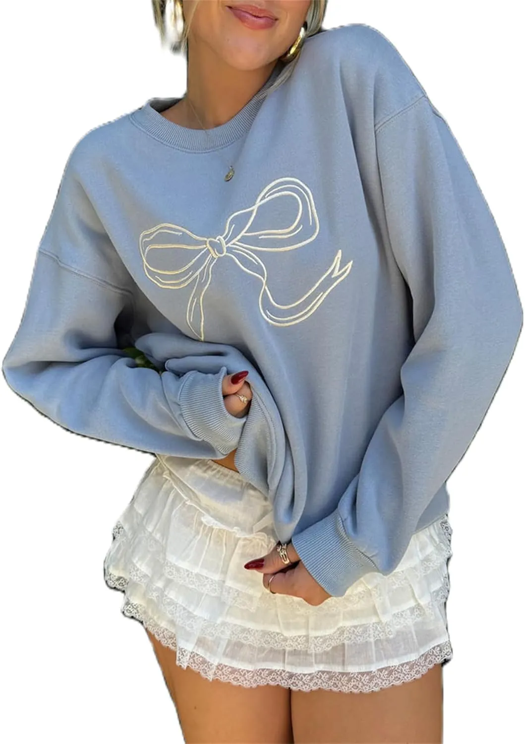 Women Cute Y2K Oversized Sweatshirt Long Sleeve Crewneck Bow Print Graphic Tees Fall Trendy Going Out Top Streetwear