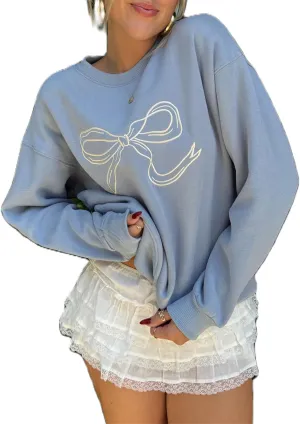 Women Cute Y2K Oversized Sweatshirt Long Sleeve Crewneck Bow Print Graphic Tees Fall Trendy Going Out Top Streetwear