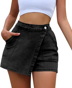 Women High Waisted Wrap Denim Shorts Casual Y2k Denim Cargo Jeasn Skort Cross Over Waist Asymmetrical Mini Shorts