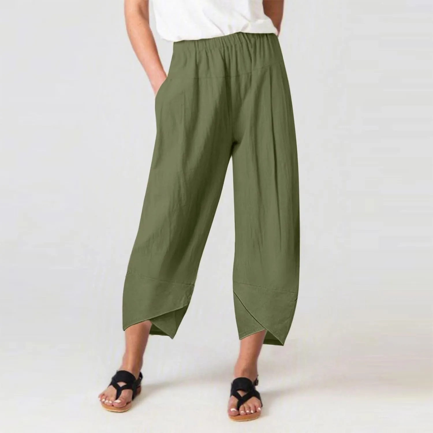 Women Linen Blend Summer Floral Palazzo Lounge Pants Elastic Waist Long Lounge Plus Size Trouser Work Business