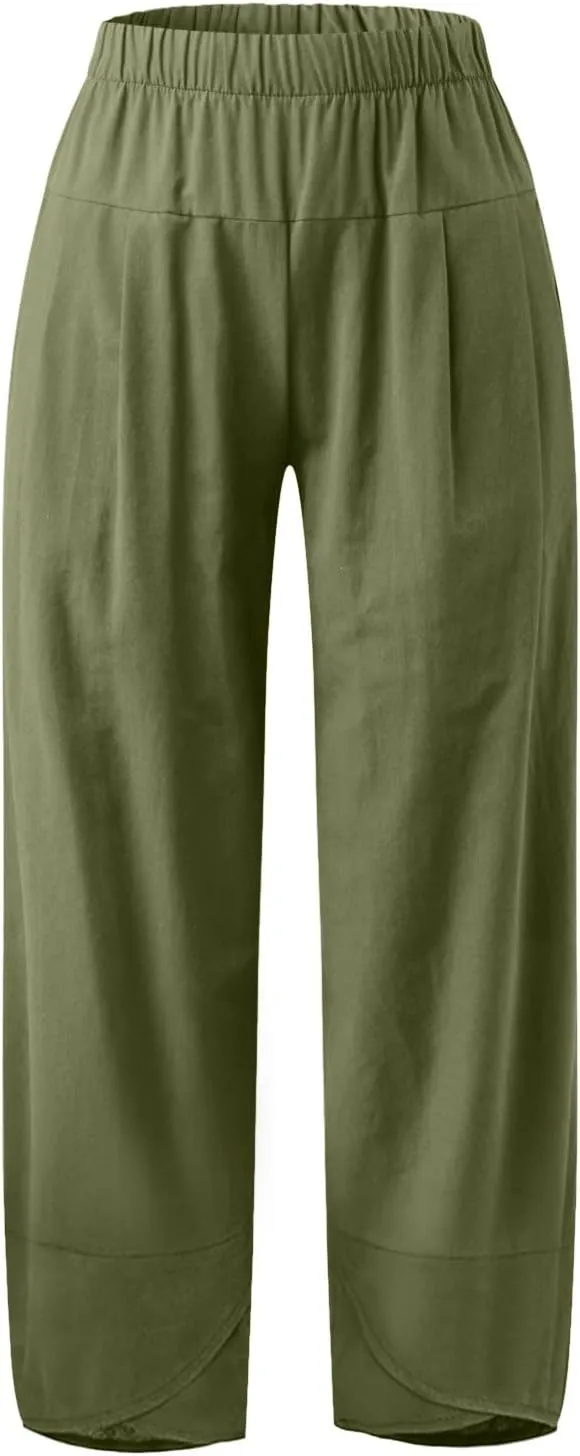 Women Linen Blend Summer Floral Palazzo Lounge Pants Elastic Waist Long Lounge Plus Size Trouser Work Business