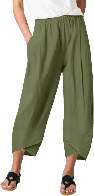 Women Linen Blend Summer Floral Palazzo Lounge Pants Elastic Waist Long Lounge Plus Size Trouser Work Business
