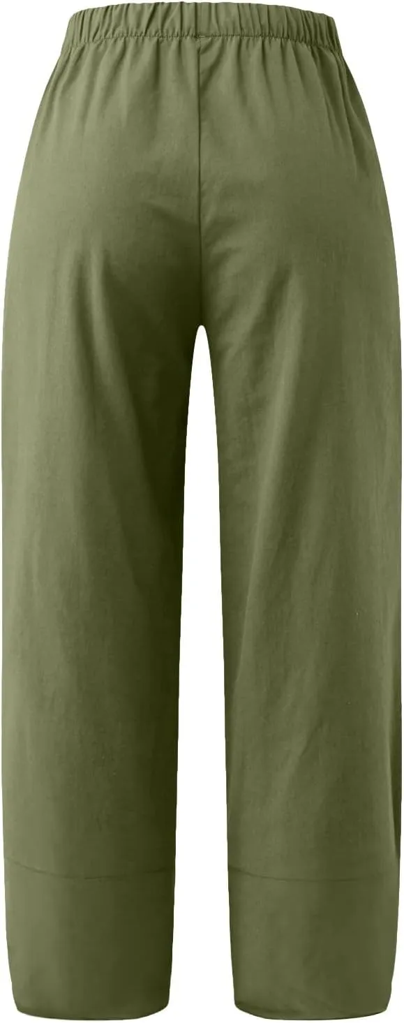 Women Linen Blend Summer Floral Palazzo Lounge Pants Elastic Waist Long Lounge Plus Size Trouser Work Business
