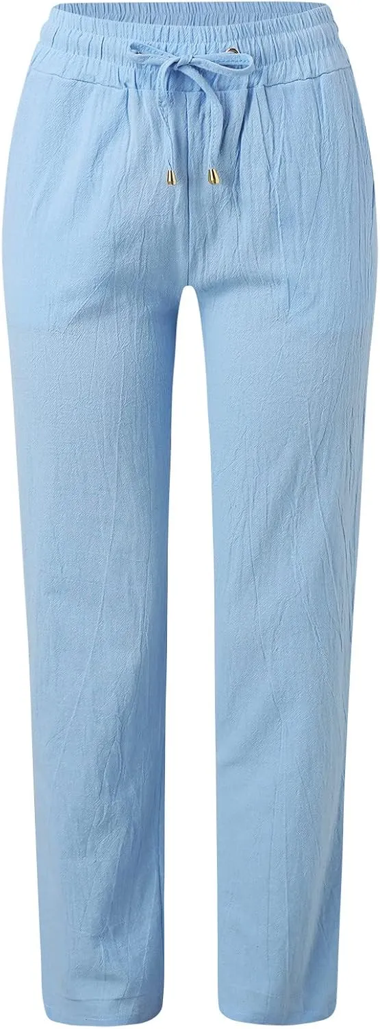 Women Linen Blend Summer Striped Pants Low Waist Bootcut Slim-Fit Trousers Business Work