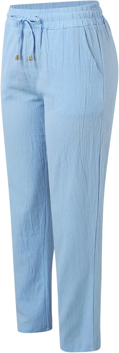 Women Linen Blend Summer Striped Pants Low Waist Bootcut Slim-Fit Trousers Business Work