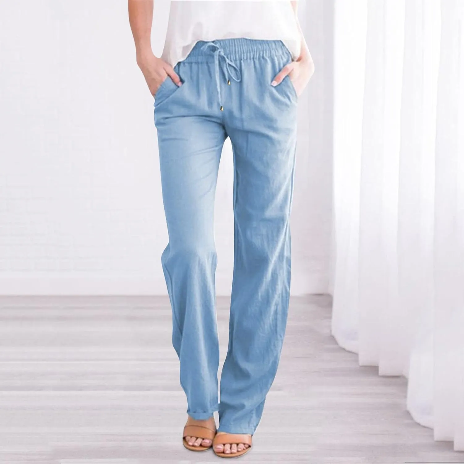 Women Linen Blend Summer Striped Pants Low Waist Bootcut Slim-Fit Trousers Business Work