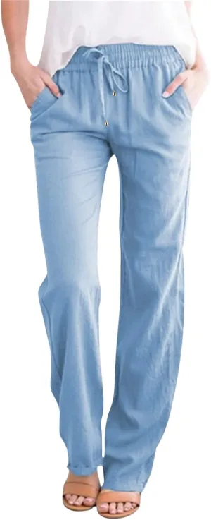 Women Linen Blend Summer Striped Pants Low Waist Bootcut Slim-Fit Trousers Business Work