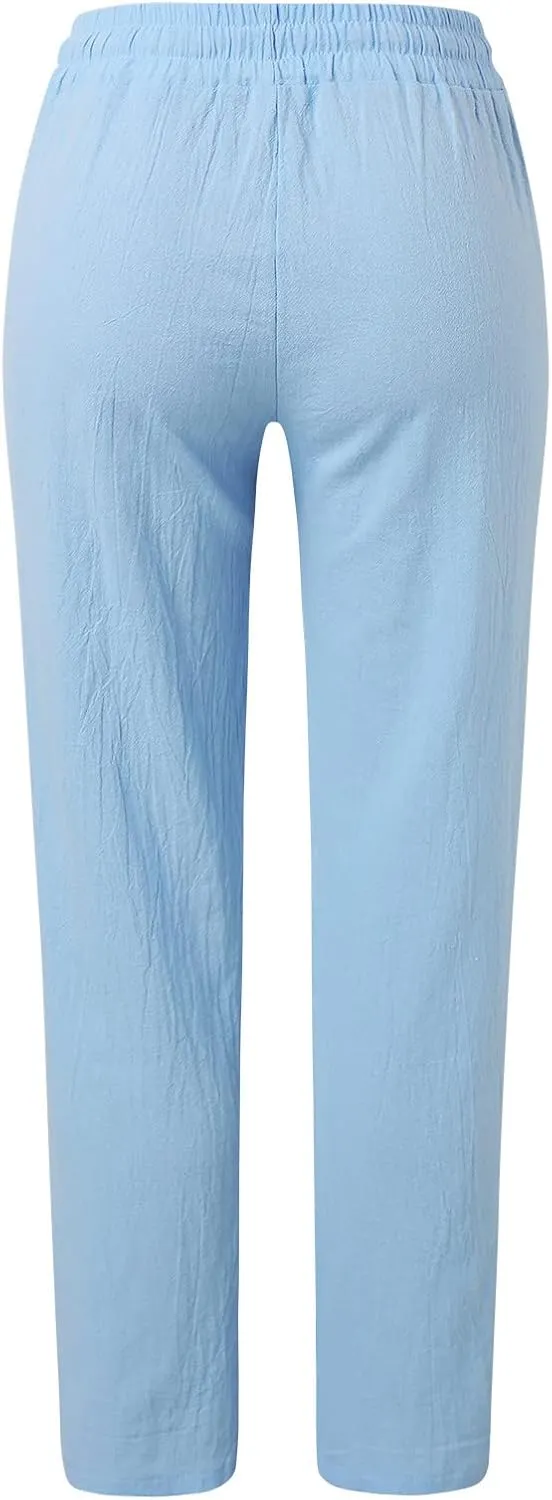 Women Linen Blend Summer Striped Pants Low Waist Bootcut Slim-Fit Trousers Business Work