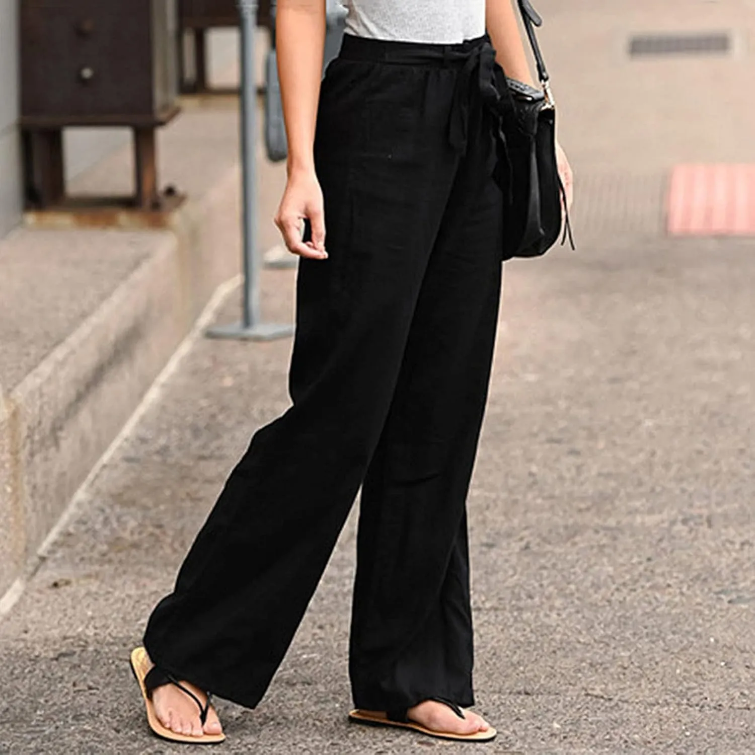 Women Linen Summer Baggy Pant Trousers Elastic Waist Ankle Length Slim-Fit Pant Trousers Office