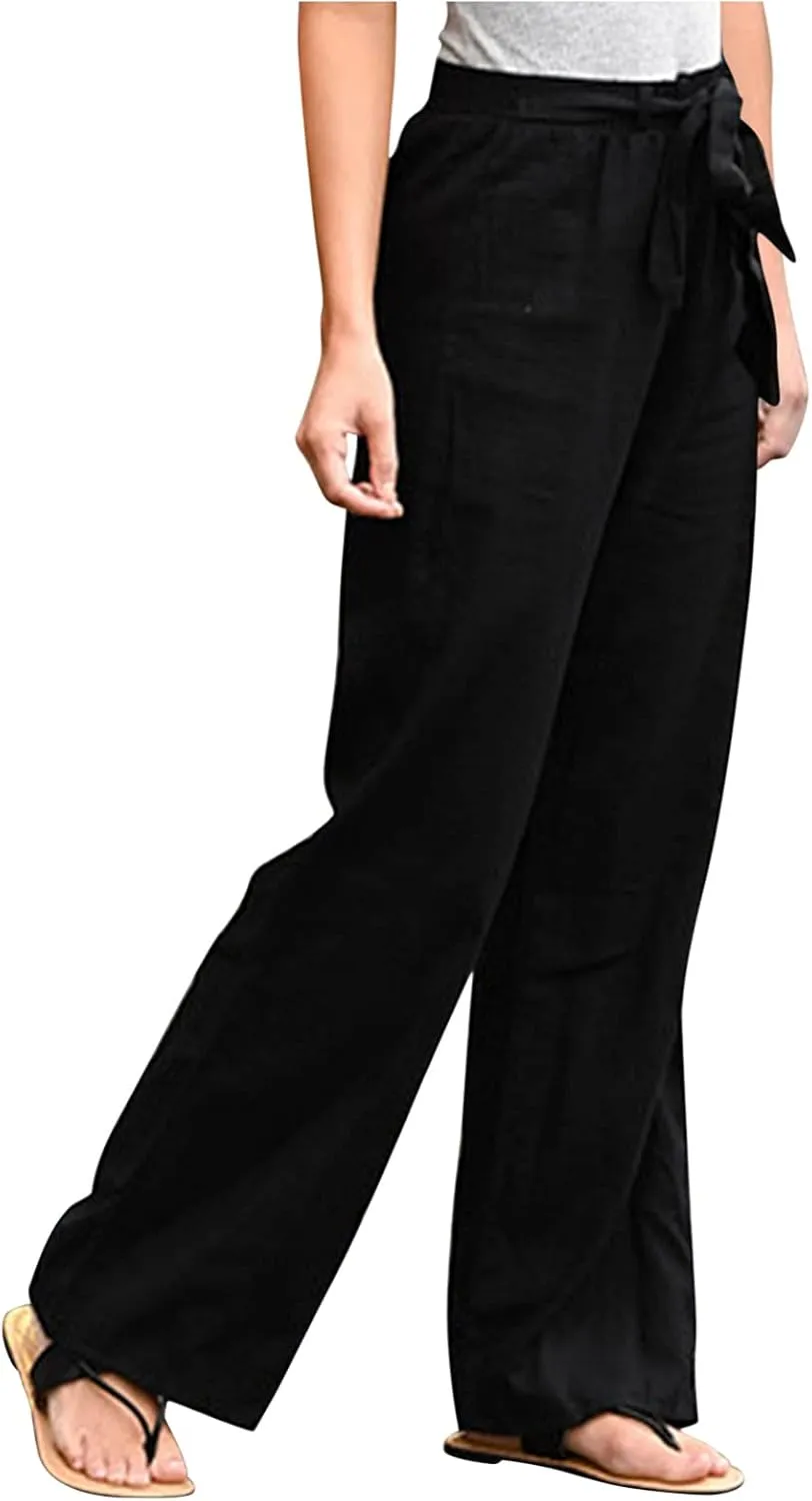Women Linen Summer Baggy Pant Trousers Elastic Waist Ankle Length Slim-Fit Pant Trousers Office