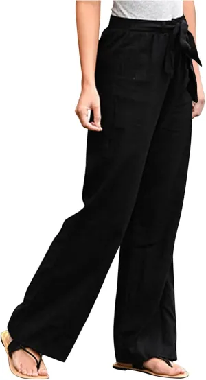 Women Linen Summer Baggy Pant Trousers Elastic Waist Ankle Length Slim-Fit Pant Trousers Office