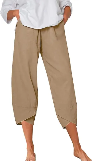 Women Linen Summer Y2K Fashion Palazzo Lounge Pants Elastic Waist Stretchy Loose Fit Trouser Business Work
