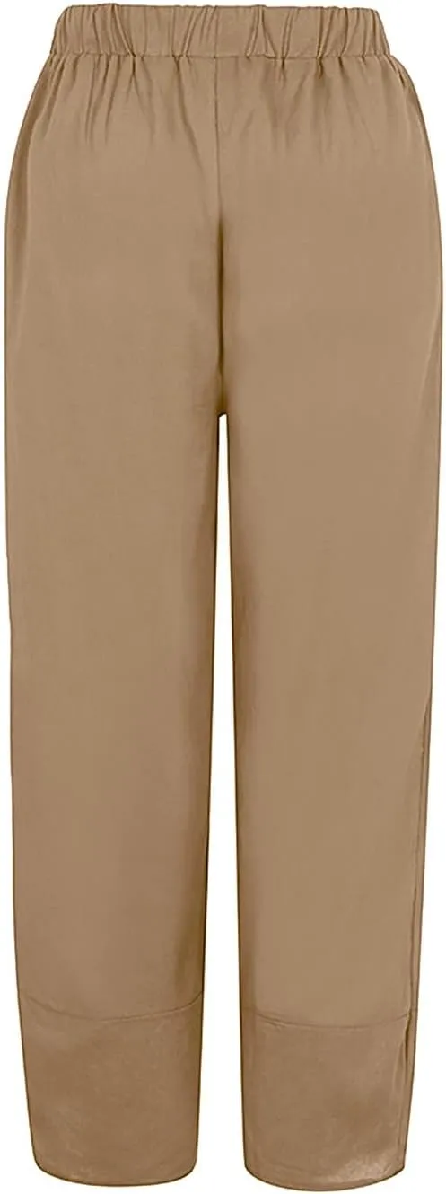 Women Linen Summer Y2K Fashion Palazzo Lounge Pants Elastic Waist Stretchy Loose Fit Trouser Business Work