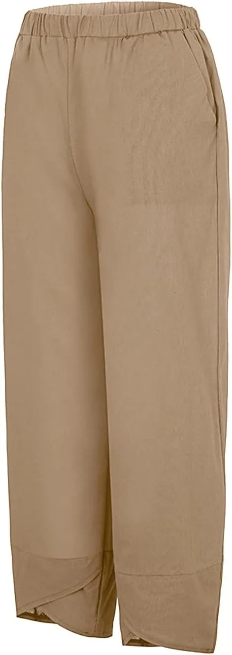 Women Linen Summer Y2K Fashion Palazzo Lounge Pants Elastic Waist Stretchy Loose Fit Trouser Business Work