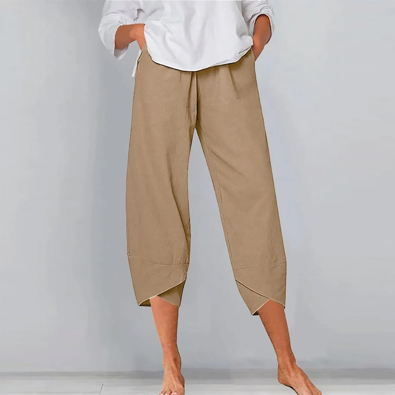 Women Linen Summer Y2K Fashion Palazzo Lounge Pants Elastic Waist Stretchy Loose Fit Trouser Business Work
