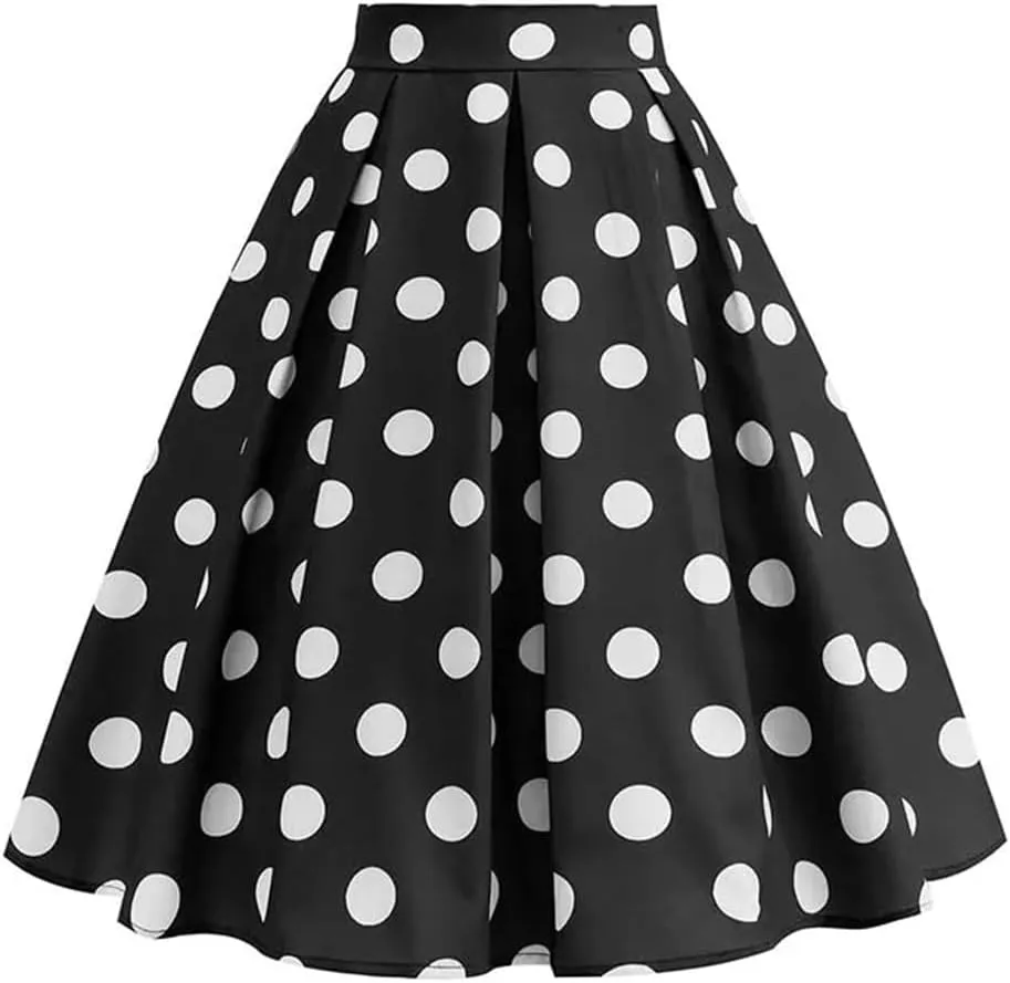 Women Summer Casual Midi Skirt Polka Dot High Waist Retro Vintage Pleated Party Skirts