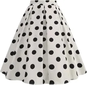 Women Summer Casual Midi Skirt Polka Dot High Waist Retro Vintage Pleated Party Skirts