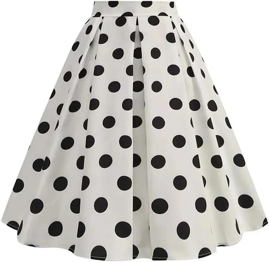 Women Summer Casual Midi Skirt Polka Dot High Waist Retro Vintage Pleated Party Skirts