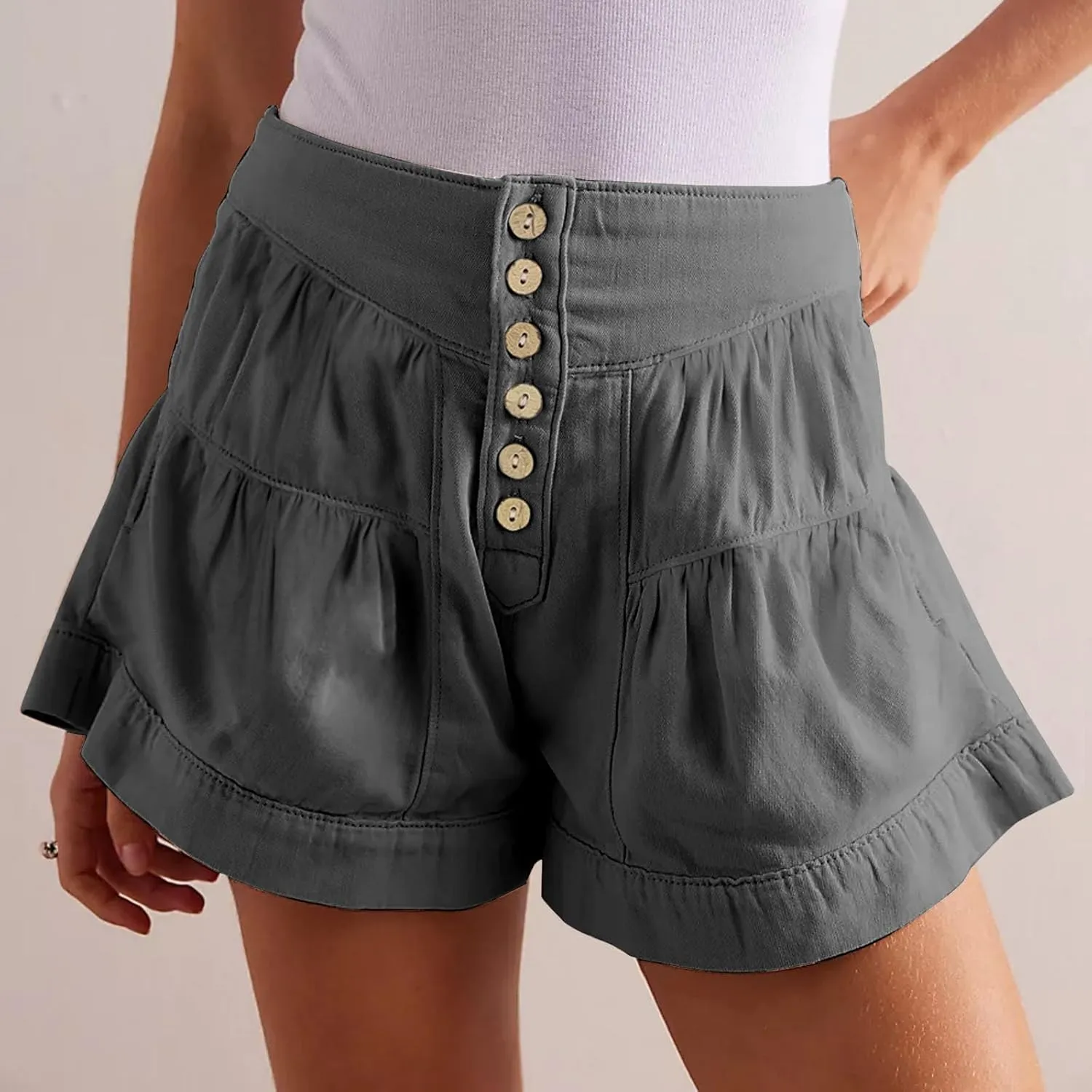 Women's 2025 Fashion Shorts Summer High Waist Flowy Wide Leg Buttons Pleated Short Pants Casual Loose Pleated Shorts