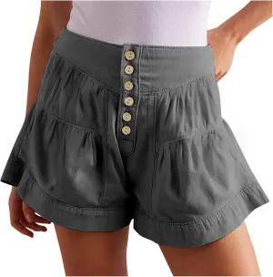 Women's 2025 Fashion Shorts Summer High Waist Flowy Wide Leg Buttons Pleated Short Pants Casual Loose Pleated Shorts