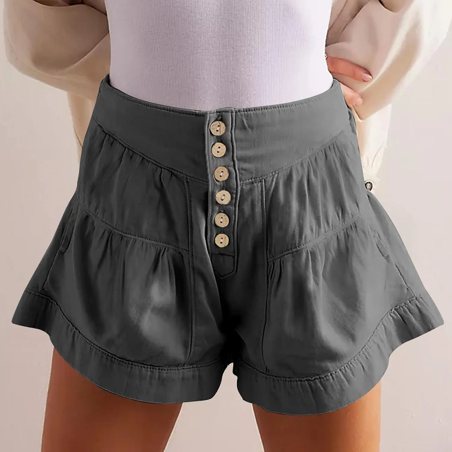Women's 2025 Fashion Shorts Summer High Waist Flowy Wide Leg Buttons Pleated Short Pants Casual Loose Pleated Shorts