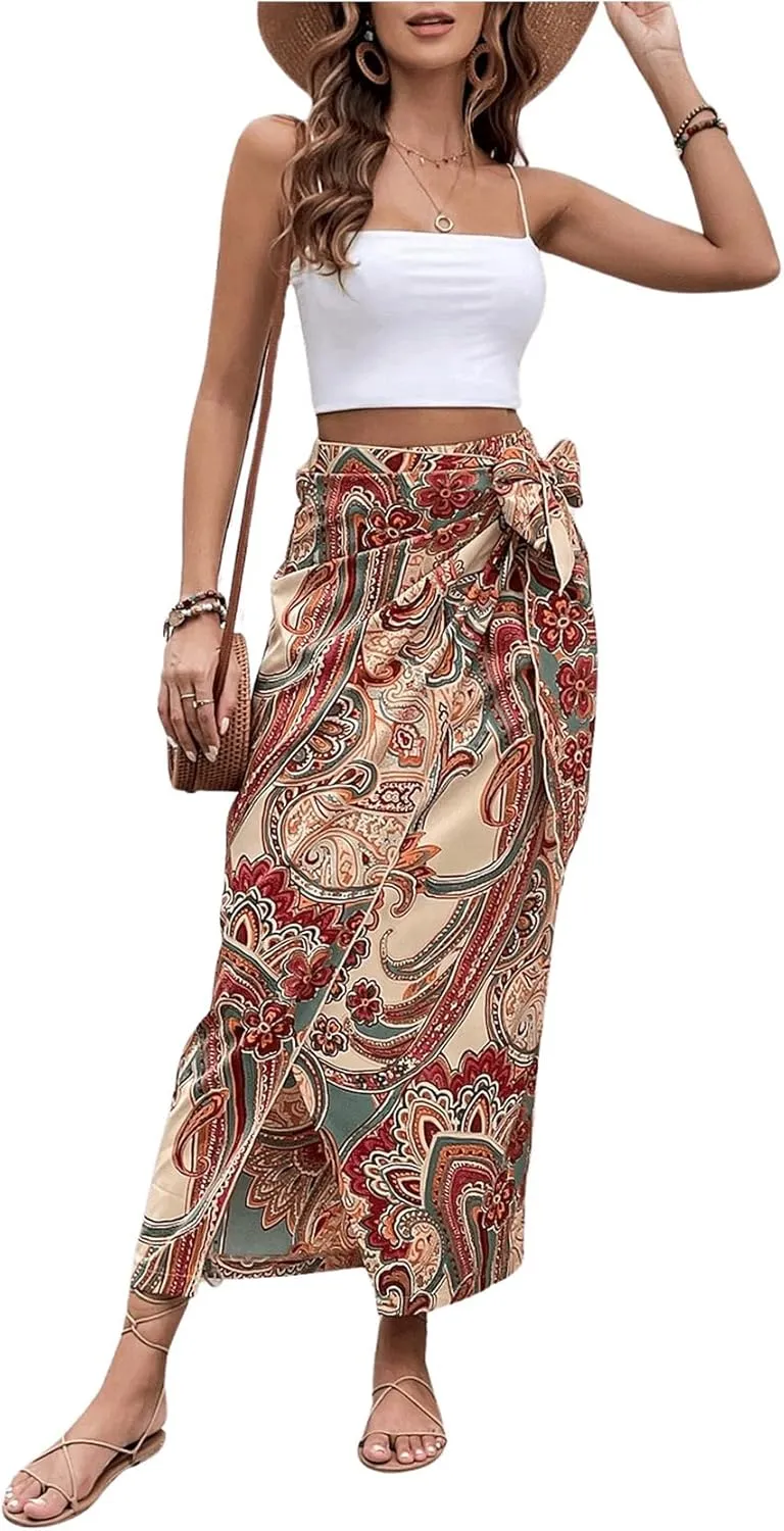 Women's Boho Paisley Print High Waisted Wrap Skirt Split Summer Maxi Long Skirt