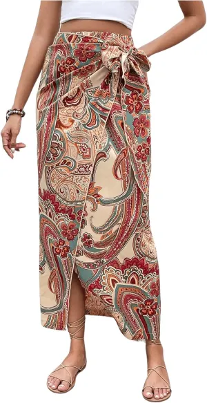 Women's Boho Paisley Print High Waisted Wrap Skirt Split Summer Maxi Long Skirt