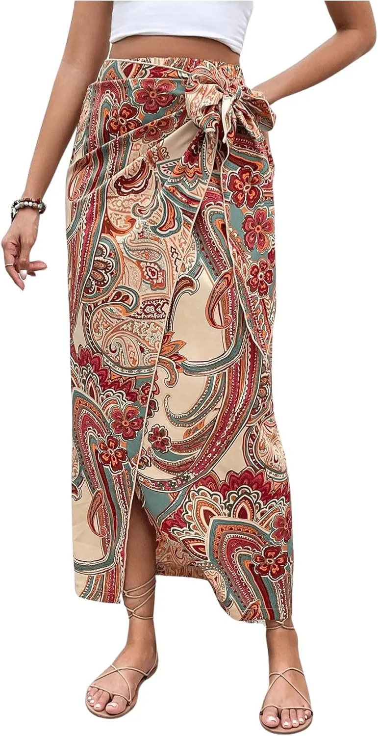 Women's Boho Paisley Print High Waisted Wrap Skirt Split Summer Maxi Long Skirt