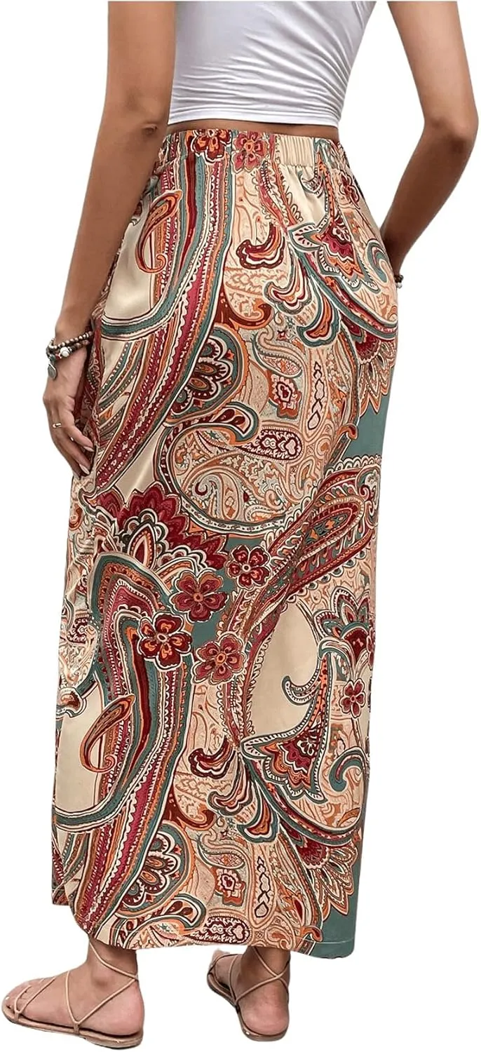 Women's Boho Paisley Print High Waisted Wrap Skirt Split Summer Maxi Long Skirt