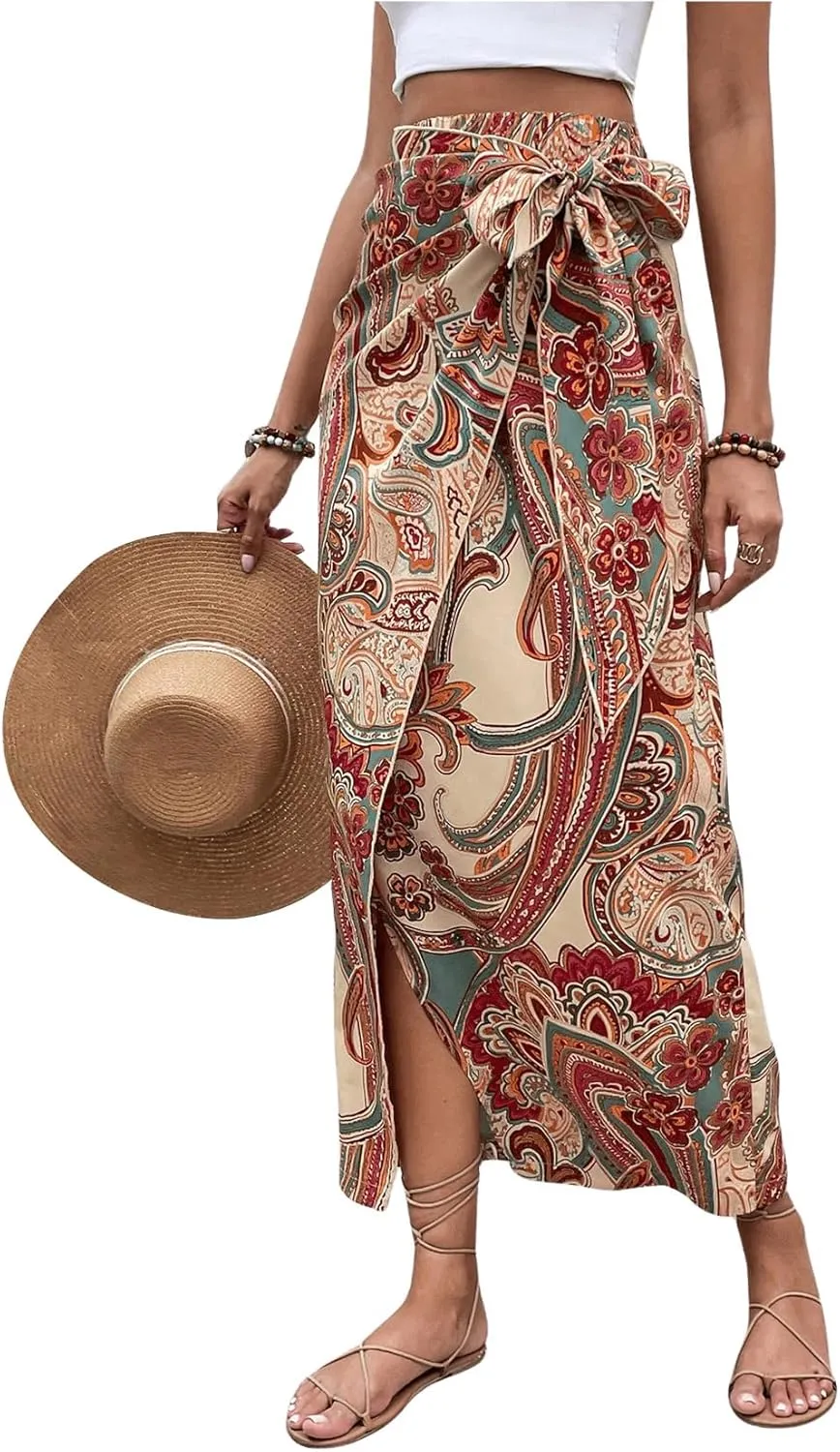 Women's Boho Paisley Print High Waisted Wrap Skirt Split Summer Maxi Long Skirt