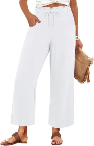 Womens Casual Linen Wide Leg Pants High Waist Drawstring Flowy Palazzo Trousers with Pockets