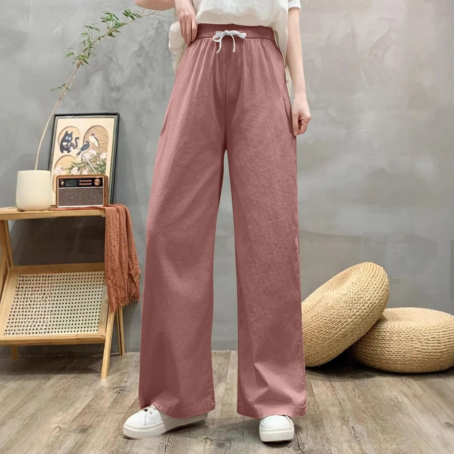 Women's Cotton Linen Drawstring Palazzo Pants, Summer Comfy Breathable Daily Going Out Trendy Trousers with Pockets