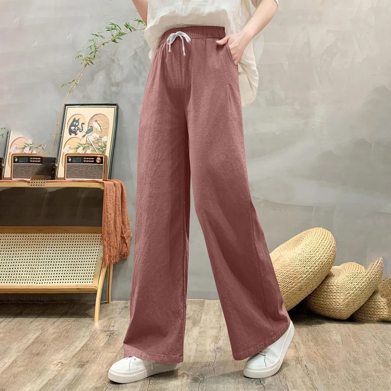 Women's Cotton Linen Drawstring Palazzo Pants, Summer Comfy Breathable Daily Going Out Trendy Trousers with Pockets