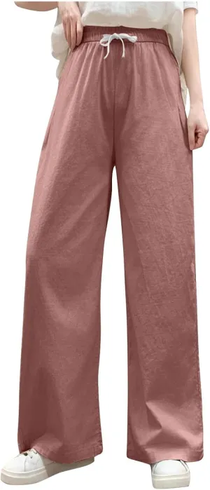 Women's Cotton Linen Drawstring Palazzo Pants, Summer Comfy Breathable Daily Going Out Trendy Trousers with Pockets