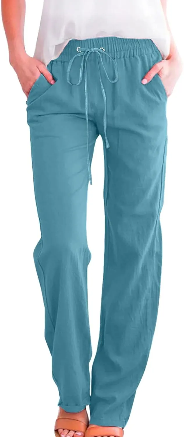 Womens Cotton Linen Summer Boho Palazzo Lounge Pants Low Waist Stretchy Loose Fit Trouser Office