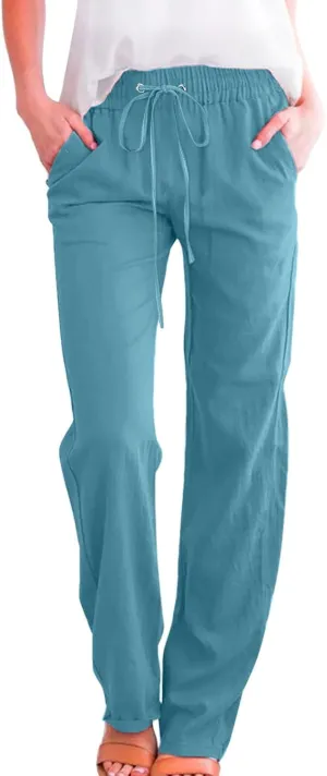 Womens Cotton Linen Summer Boho Palazzo Lounge Pants Low Waist Stretchy Loose Fit Trouser Office