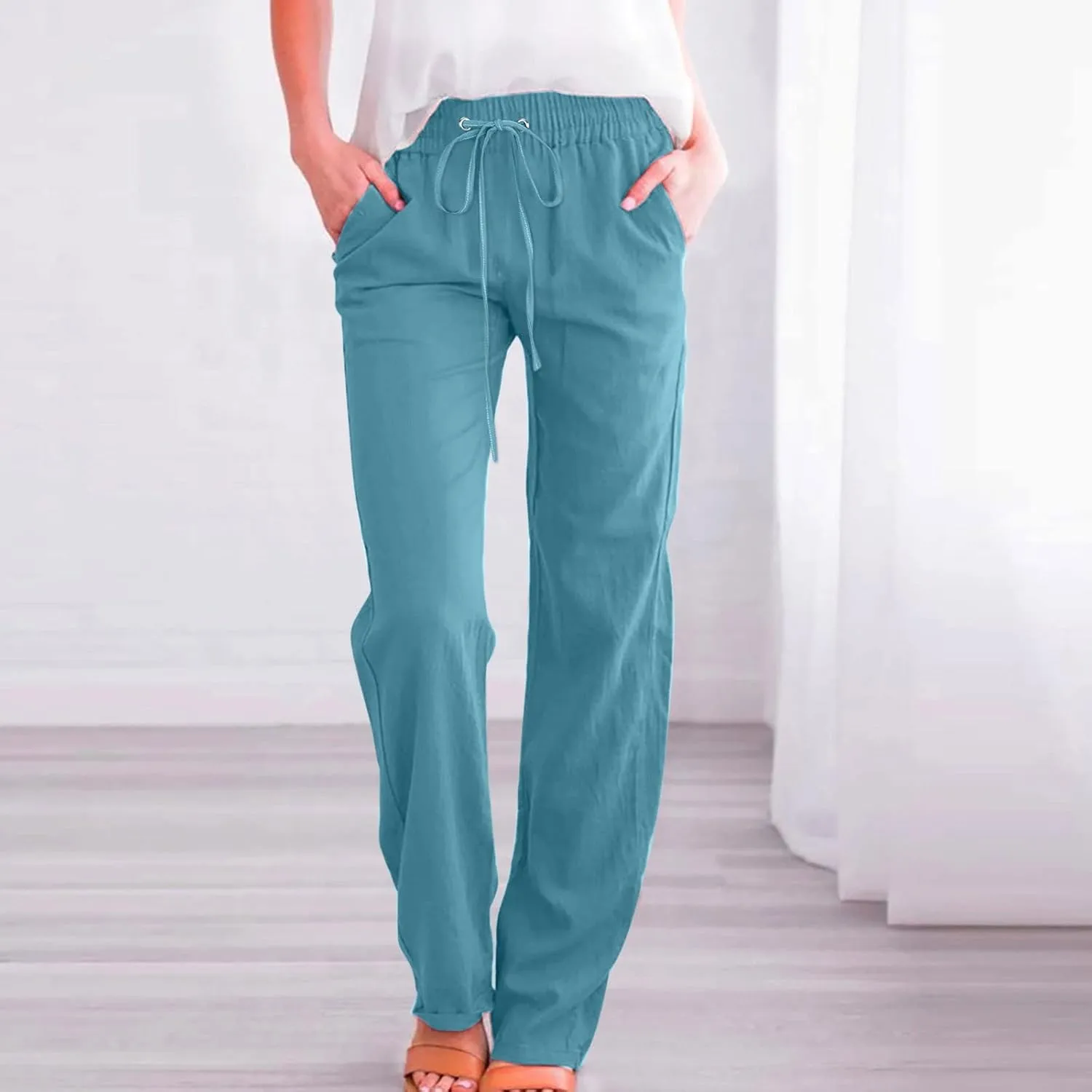 Womens Cotton Linen Summer Boho Palazzo Lounge Pants Low Waist Stretchy Loose Fit Trouser Office