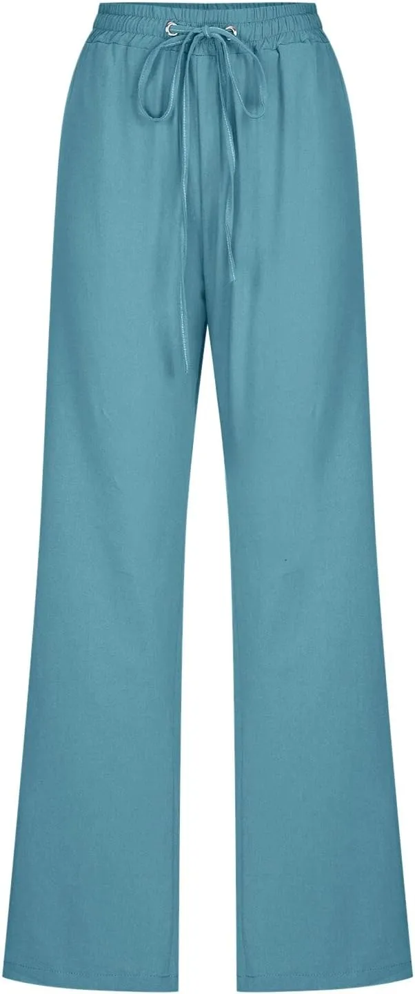 Womens Cotton Linen Summer Boho Palazzo Lounge Pants Low Waist Stretchy Loose Fit Trouser Office