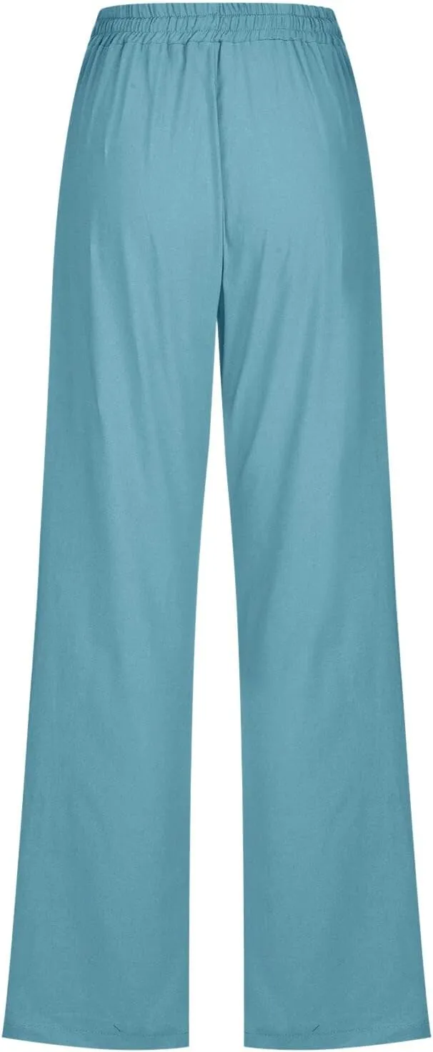 Womens Cotton Linen Summer Boho Palazzo Lounge Pants Low Waist Stretchy Loose Fit Trouser Office