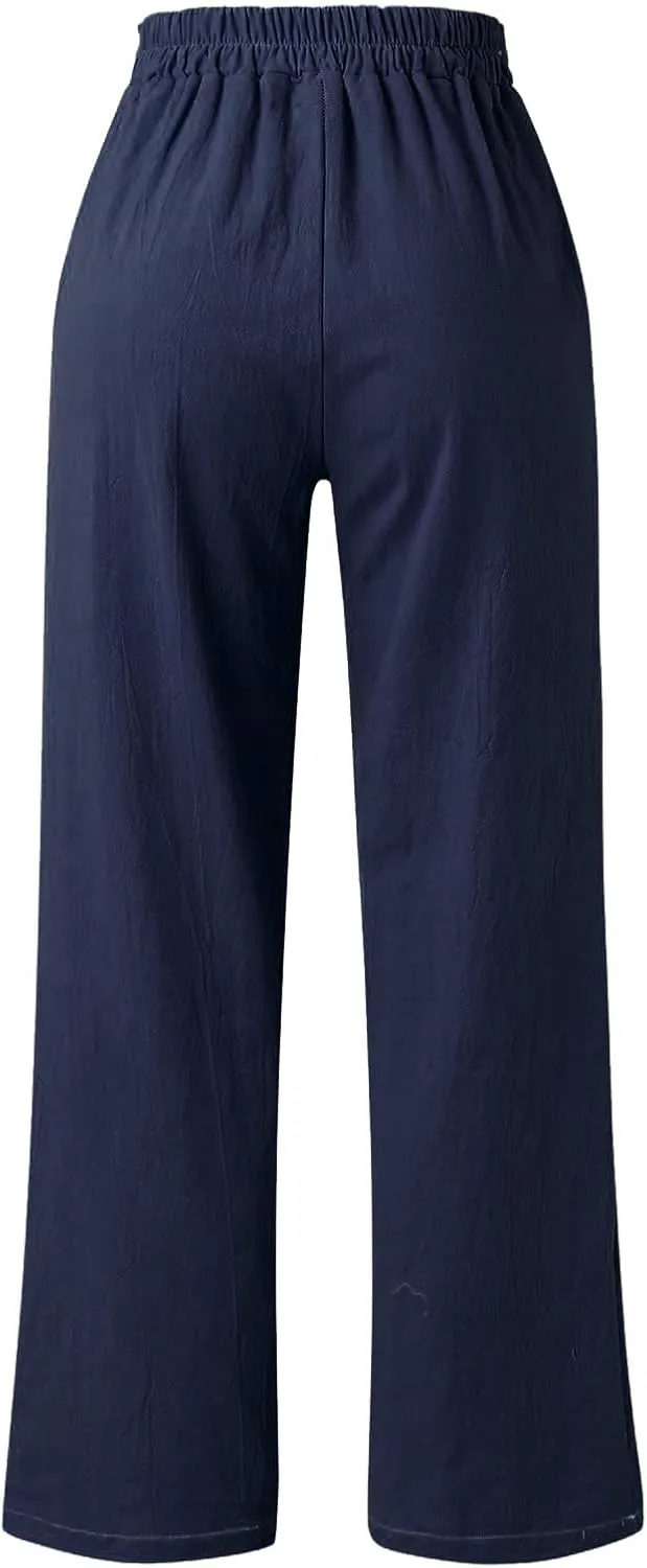 Women's Cotton Linen Summer Lightweigt Palazzo Lounge Pants Low Waist Ankle Length Slim-Fit Palazzo Lounge