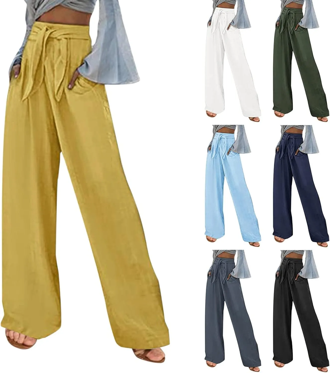 Women's Cotton Linen Summer Lightweigt Palazzo Lounge Pants Low Waist Ankle Length Slim-Fit Palazzo Lounge