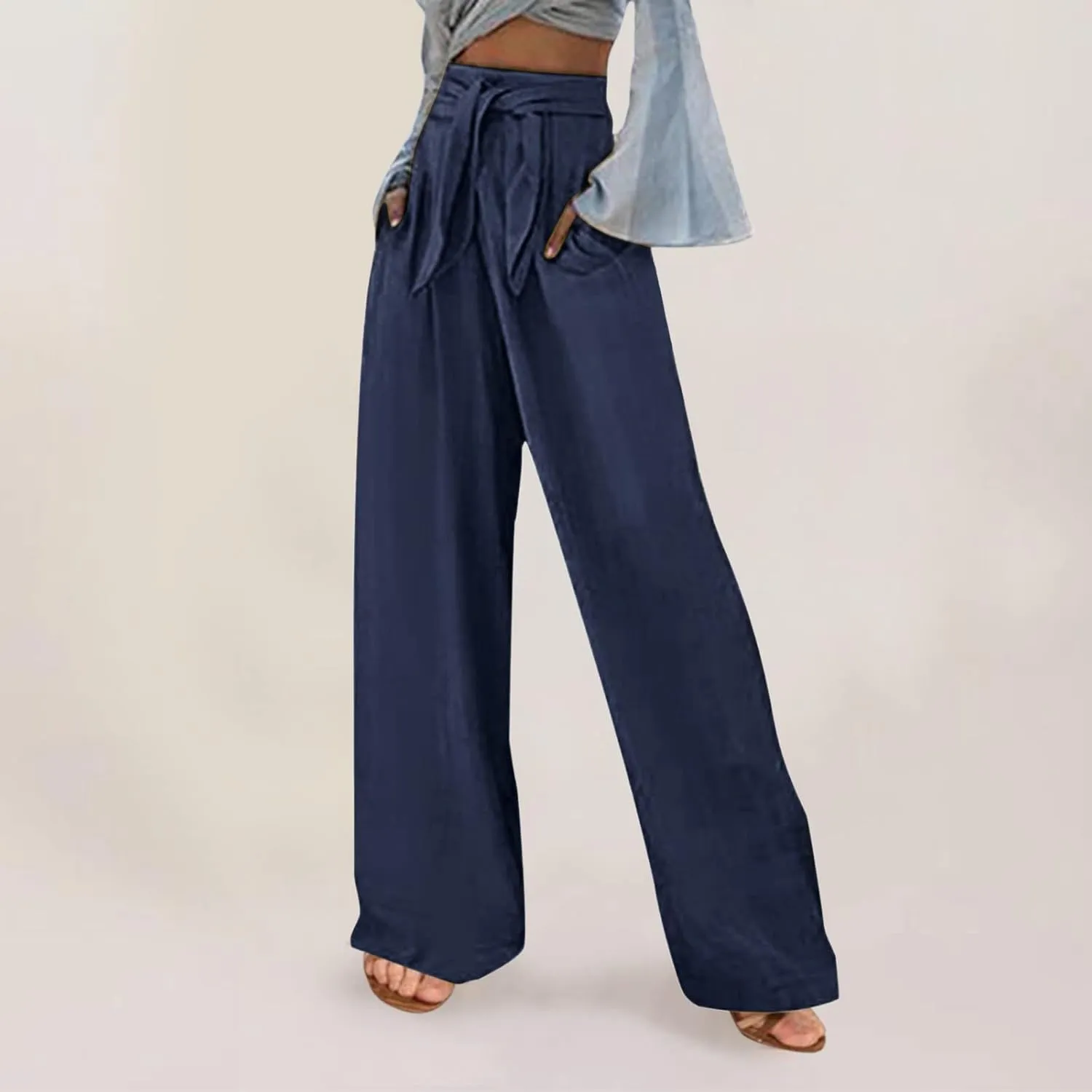 Women's Cotton Linen Summer Lightweigt Palazzo Lounge Pants Low Waist Ankle Length Slim-Fit Palazzo Lounge