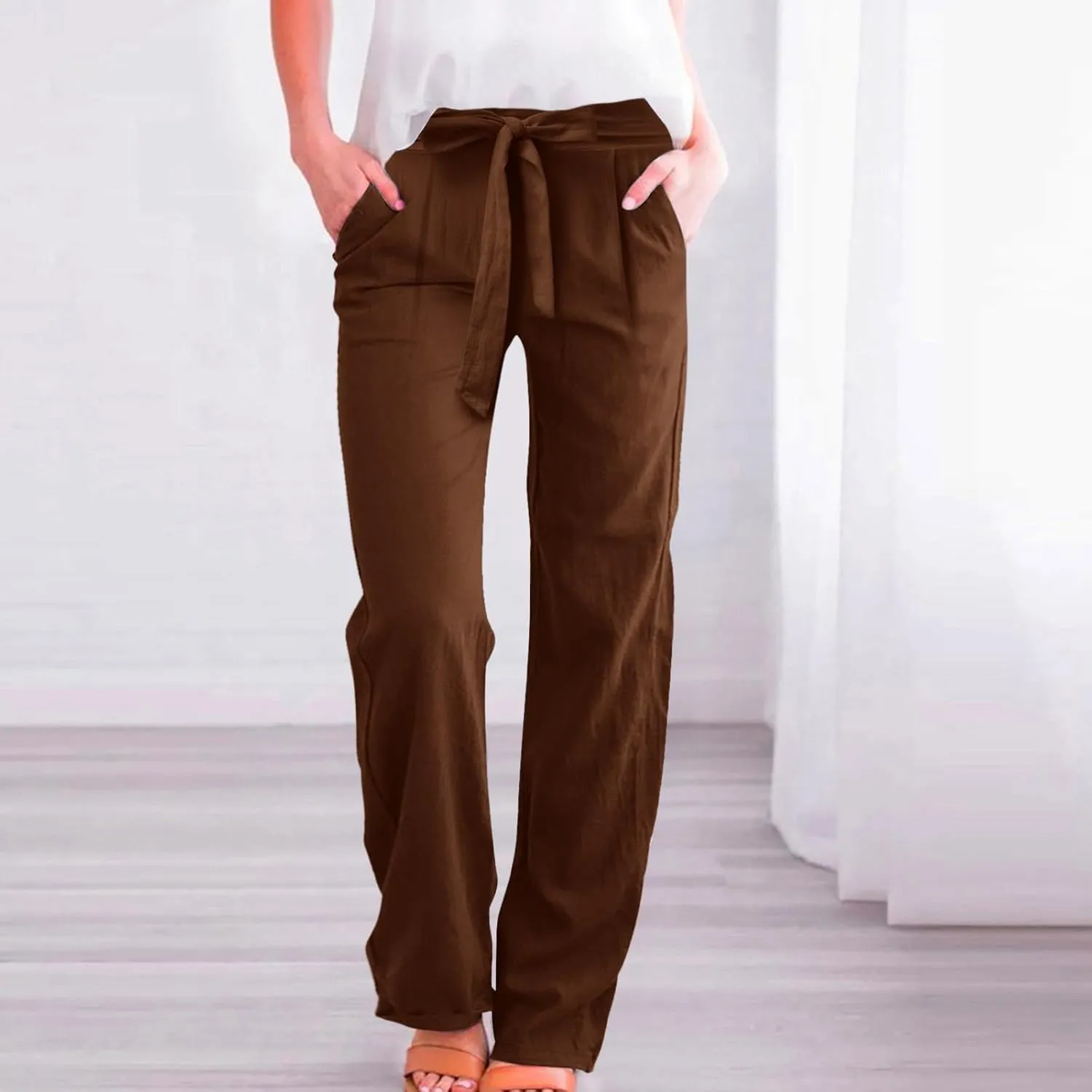 Womens Cotton Linen Summer Pull On Palazzo Pants Elastic Waist Ankle Length Slim-Fit Pant Trousers Vacation