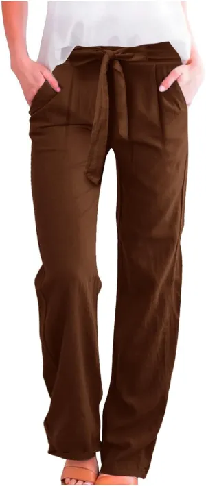 Womens Cotton Linen Summer Pull On Palazzo Pants Elastic Waist Ankle Length Slim-Fit Pant Trousers Vacation